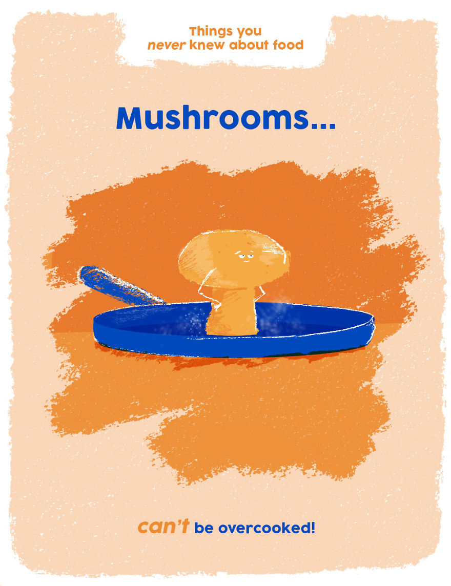 Illustration of a mushroom with arms in a blue pan, highlighting weird food facts about mushrooms and cooking.