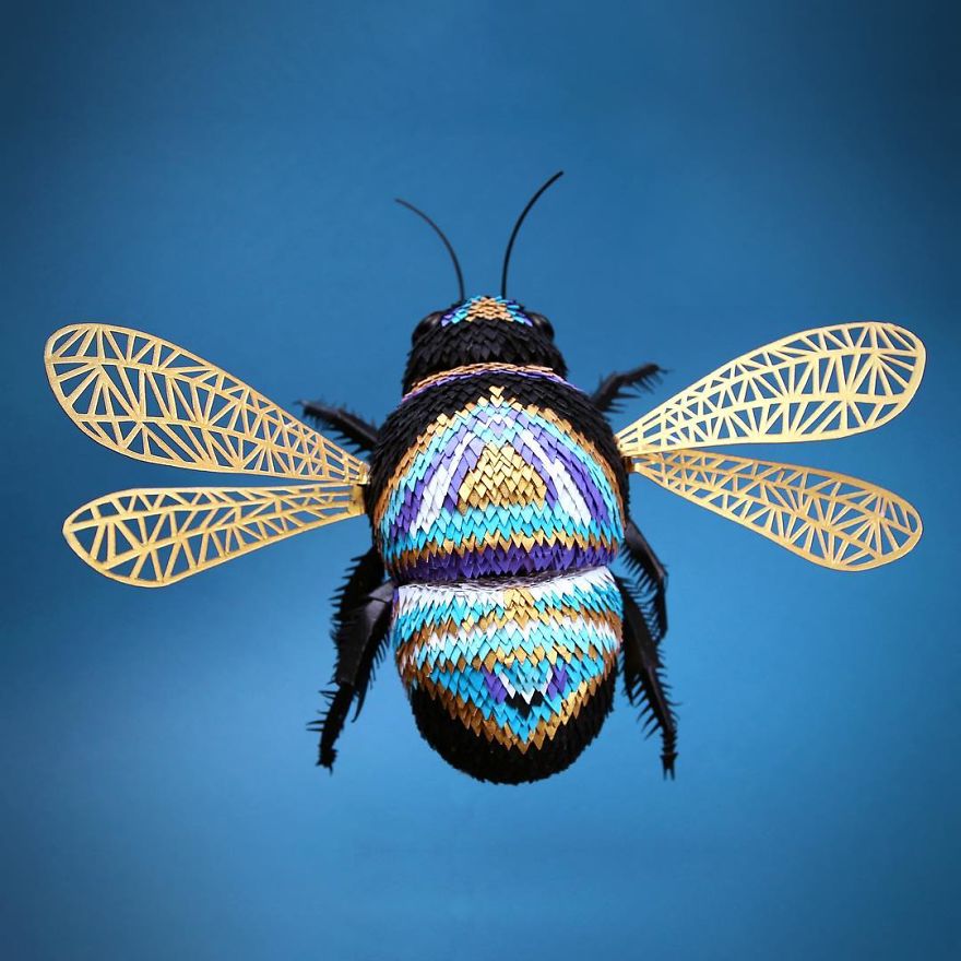 I Hand-Cut Paper Into Hundreds Of Tiny Pieces To Create Sculptures Of Birds, Bees, And Other Creatures
