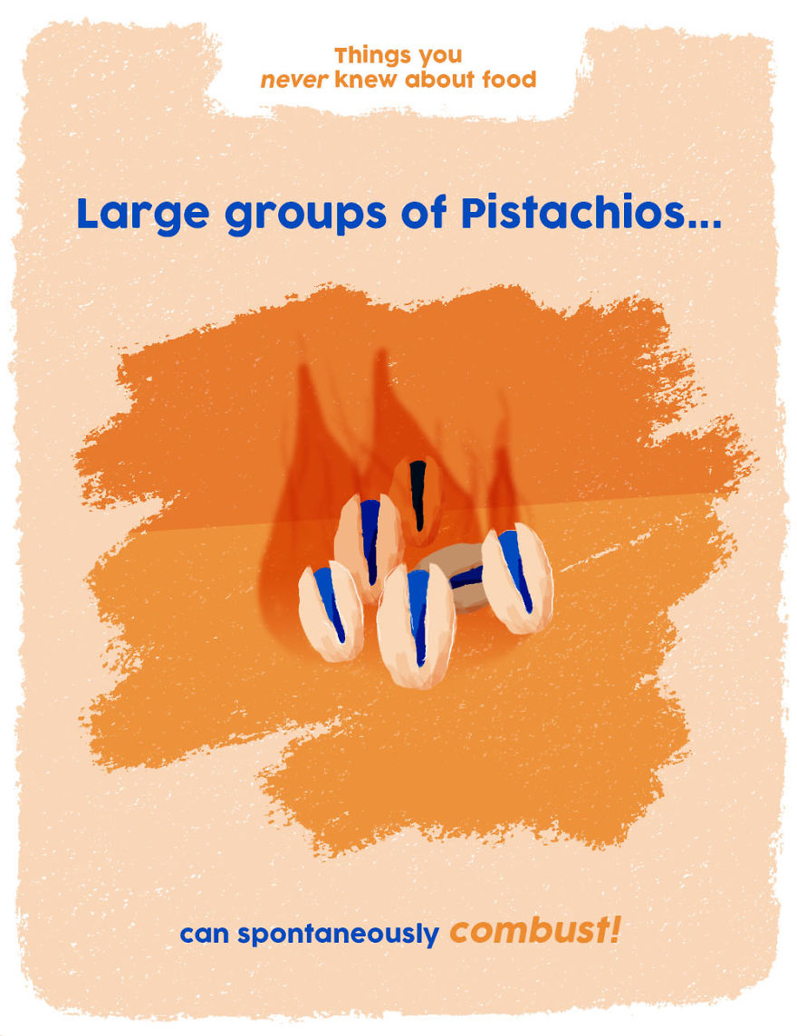 Large groups of pistachios illustrated with flames, showing weird food facts about spontaneous combustion risks.