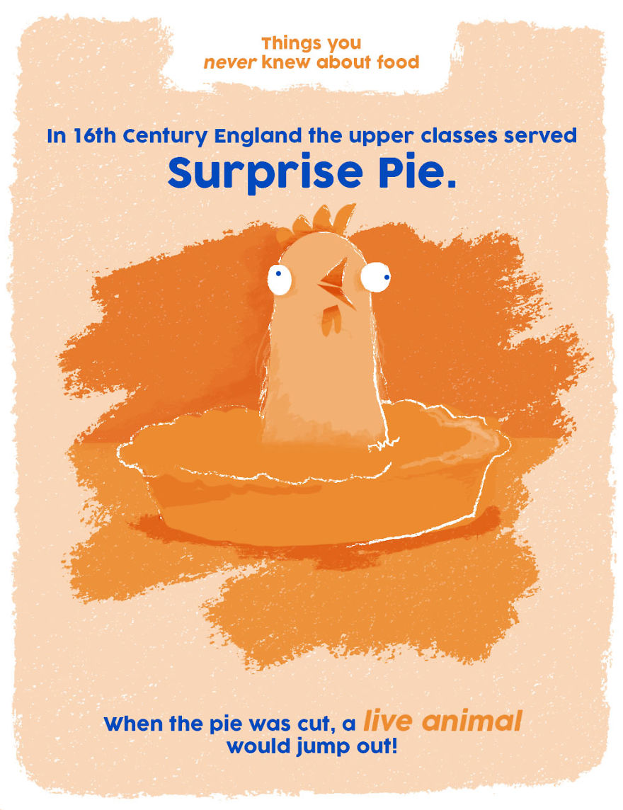 Illustration of a surprise pie with a live chicken jumping out, showing a weird food fact from history.