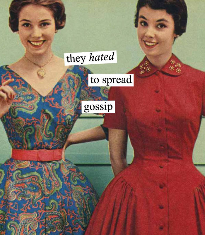 Two women in retro dresses humorously discussing rumor-spreading with sarcastic expressions.