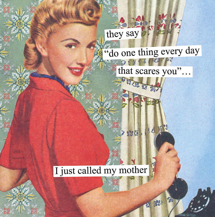 Retro woman in red dress holding phone with a humorous caption about calling her mother.
