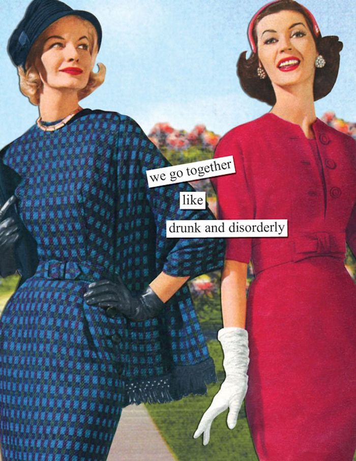 Retro women in elegant dresses with a sarcastic caption, embodying hilarious and sarcastic themes.