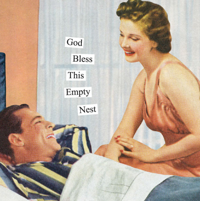 Retro couple in bed, woman smiling, with sarcastic text "God Bless This Empty Nest" above.