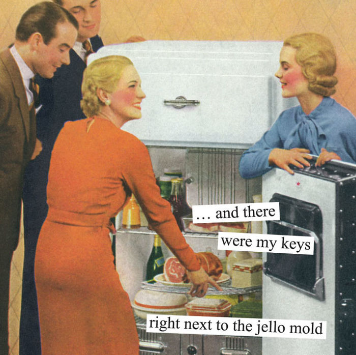 Retro depiction of women finding keys next to a jello mold in a vintage kitchen scene.