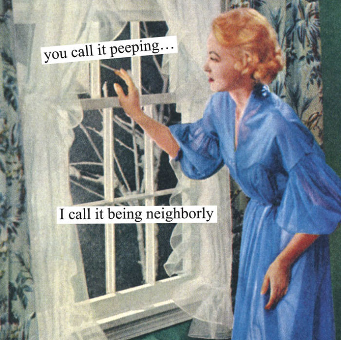 Retro woman in blue dress humorously peeking through window, embodying sarcastic humor women will understand.