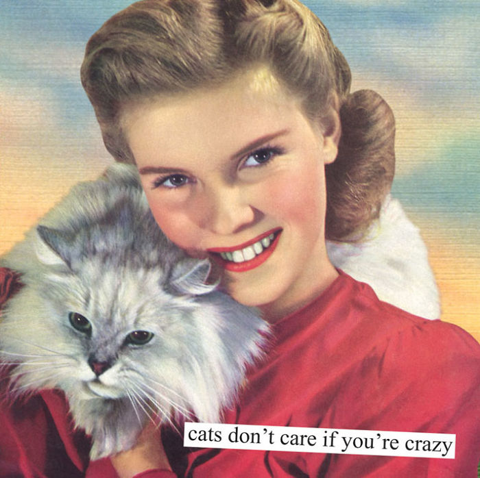 Woman smiling with a cat, embracing retro sarcasm, with text saying, "cats don’t care if you’re crazy."