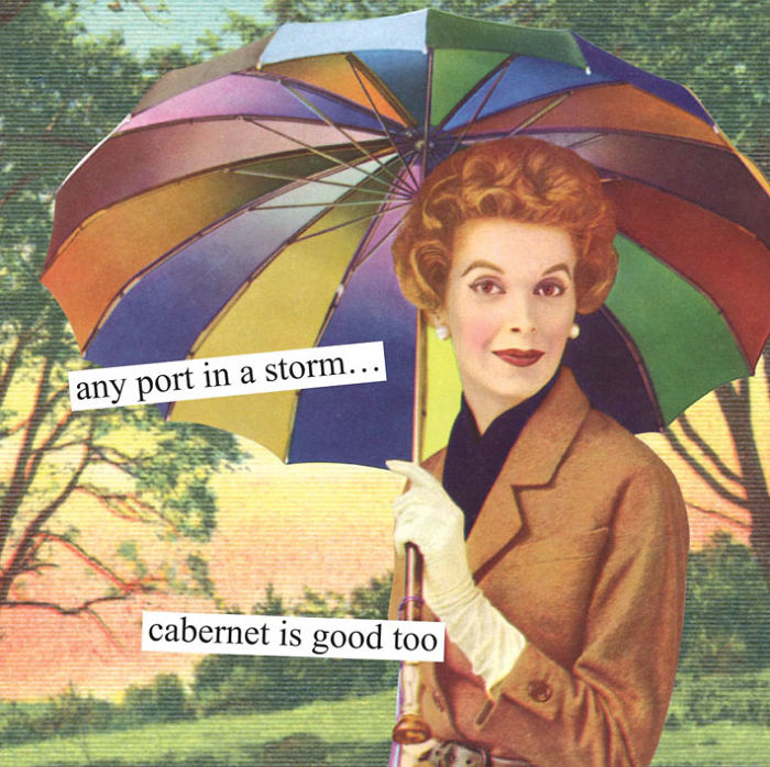 Retro woman with colorful umbrella and a sarcastic quote about wine, reflecting vintage humor understood by women.