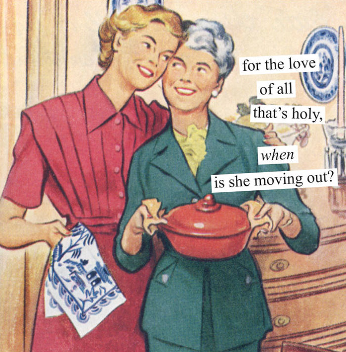 Sarcastic retro image of two women, one holding a pot, with humorous text about cohabiting.