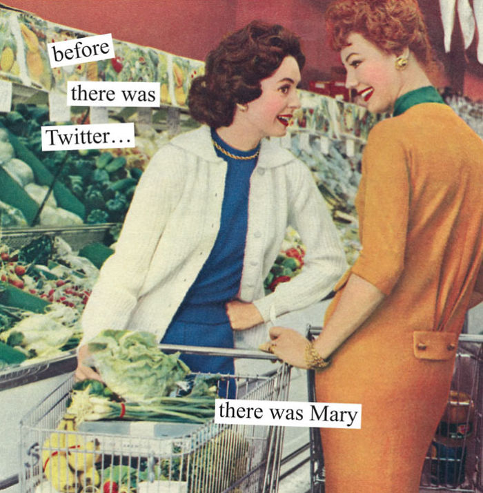 Two women chatting in a grocery store, capturing hilariously sarcastic retro vibes that women will understand.