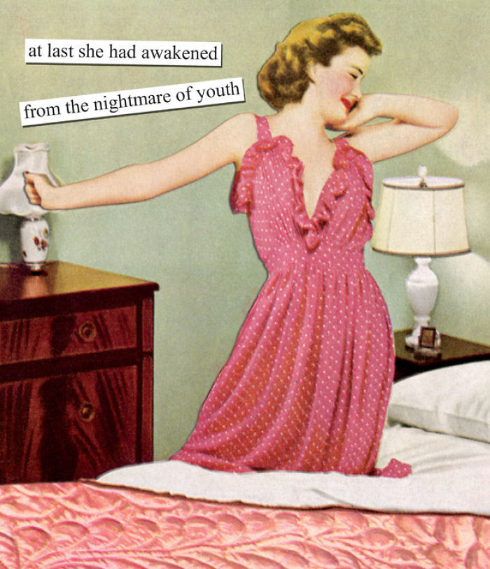Retro image of woman stretching in bed, captioned with sarcastic text about youth.