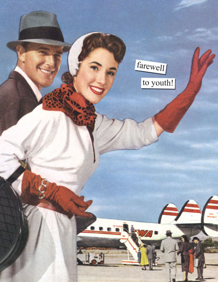 Retro couple at airport, woman waving with red gloves, captioned "farewell to youth," embodying sarcastic nostalgia.