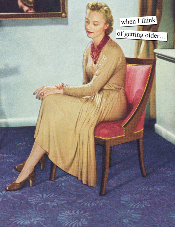 A woman in a retro dress sits on a chair with a sarcastic quote about aging.