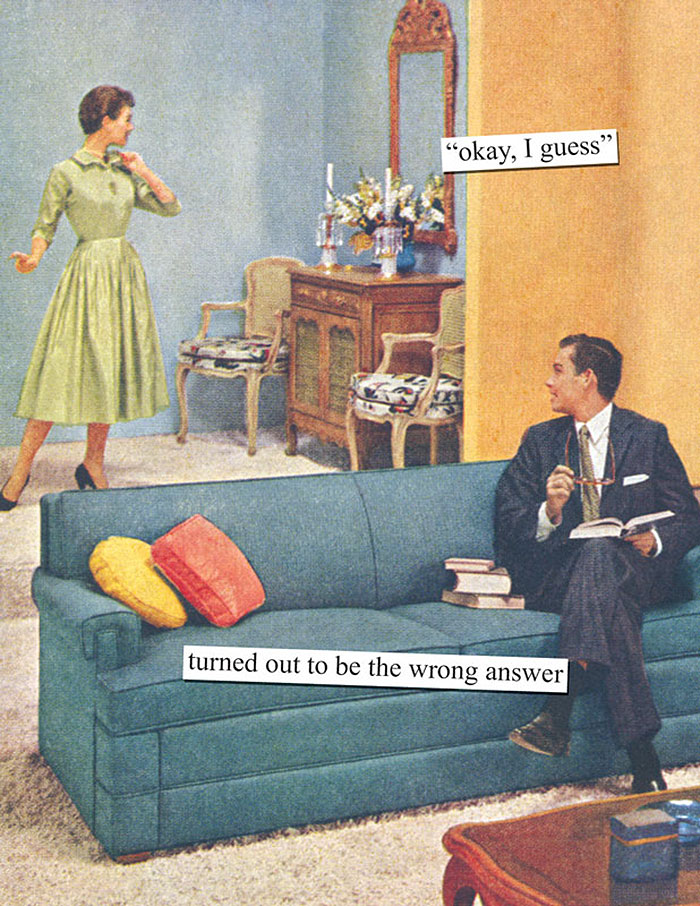Retro scene with a woman standing near a sofa, and a man sitting, highlighting humor that women will understand.
