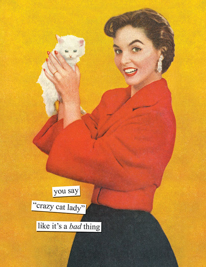 Retro woman in red holding a kitten, sarcastic text about being called a "crazy cat lady."