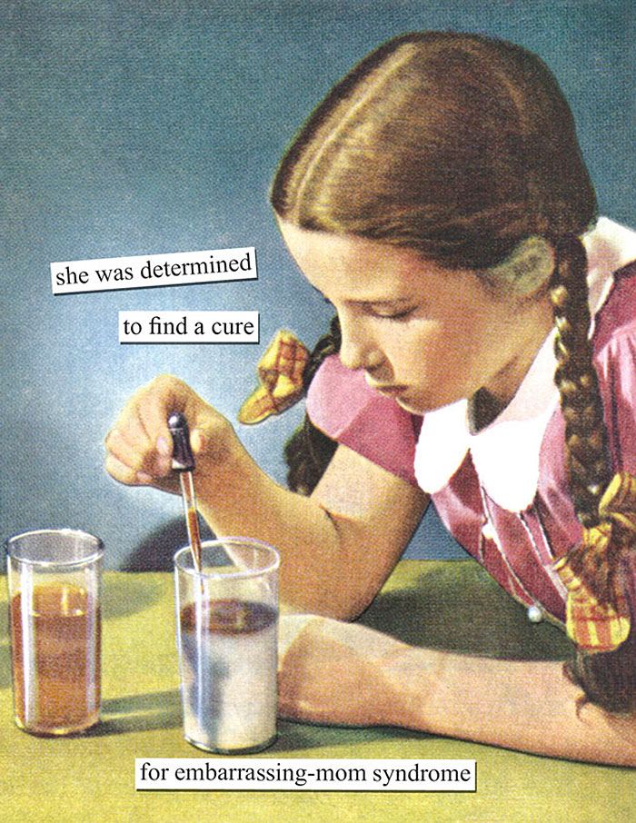 Retro image of a girl with pigtails using a dropper in a glass, humorously captioned about curing "embarrassing-mom syndrome".