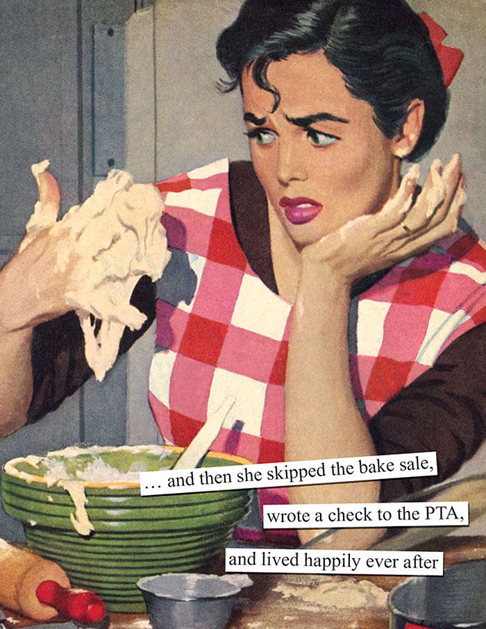 Sarcastic retro image of a woman in a checkered apron, holding dough messily. Humorous text about skipping a bake sale.