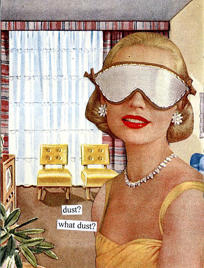 Retro woman in a glamorous mask, sarcastically dismissing dust, highlighting 1950s interior with yellow chairs in the background.
