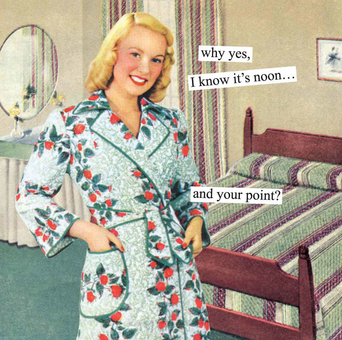 Sarcastic retro image of a woman in a floral robe, with text overlay about noon, showcasing humor only women understand.