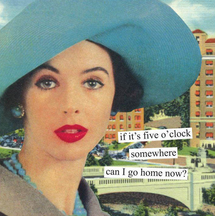 Retro woman in a blue hat with a sarcastic caption about going home at five o'clock.