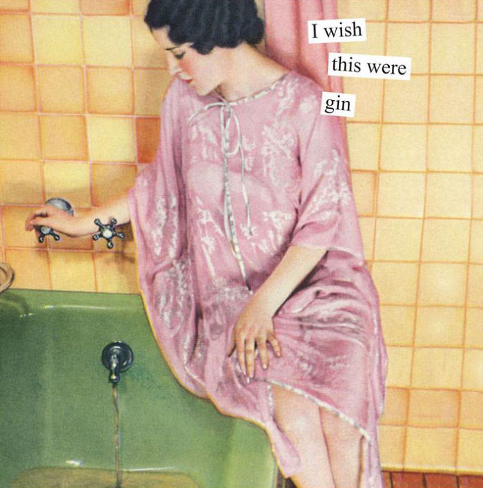 Sarcastic retro pic of a woman in a pink robe by a bathtub with "I wish this were gin" text.