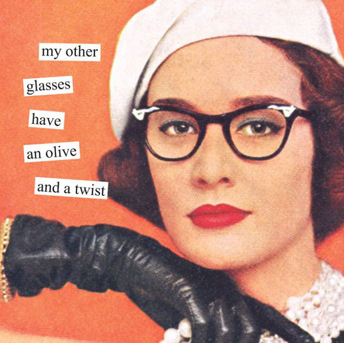 Sarcastic retro woman in glasses with a playful martini reference, black gloves, and a white hat.
