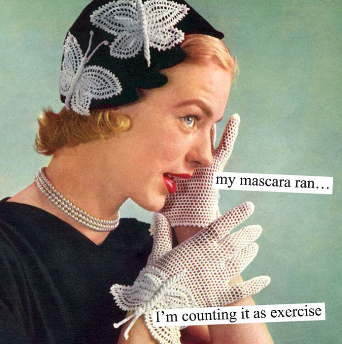 Retro woman with a playful smile, wearing lace gloves and a hat, humorously captioned about mascara as exercise.