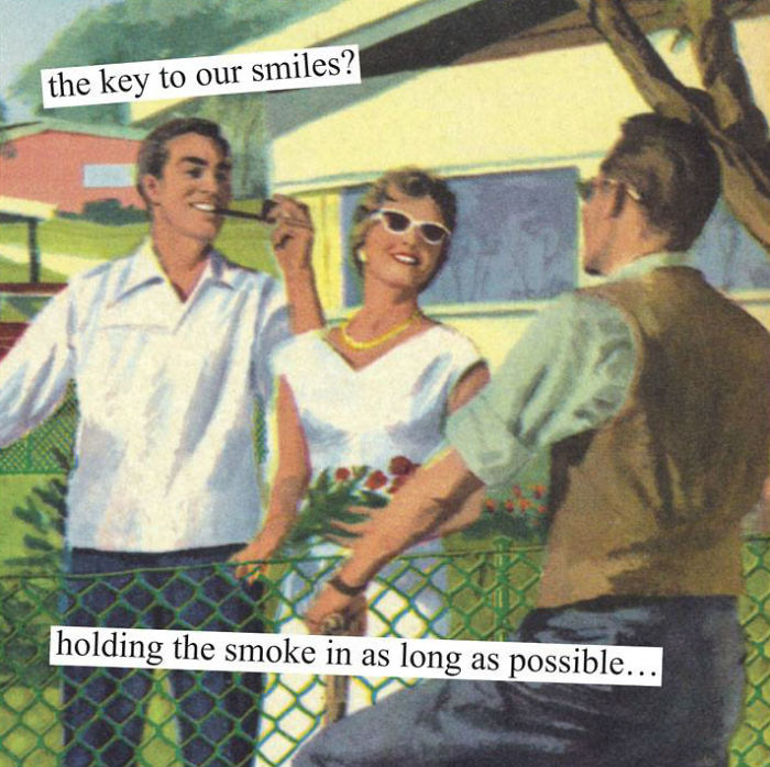 Retro illustration of three smiling adults outdoors, with sarcastic captions about smoking and smiling.