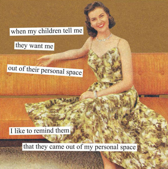 Retro woman in a floral dress sitting on a sofa with sarcastic text about personal space.