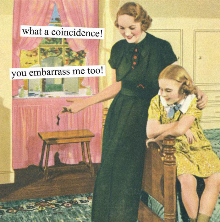 Sarcastic retro image of a woman in a black dress with a young girl, featuring humorous text exchange.