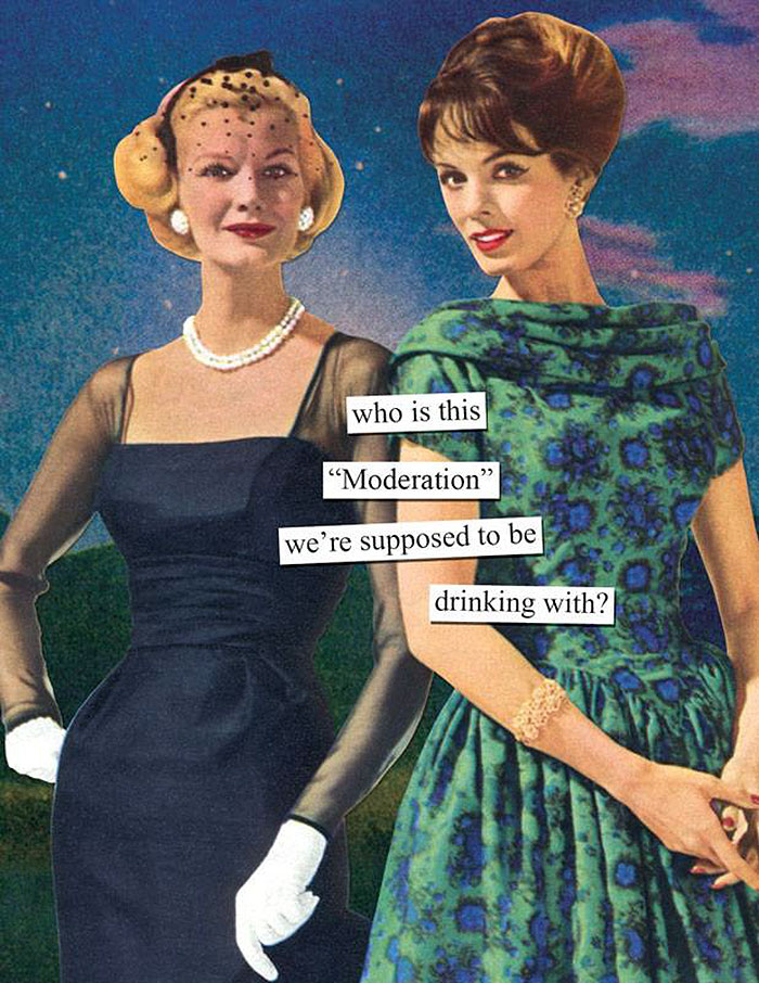 Two retro women in elegant dresses with a sarcastic caption discussing "moderation" in drinking.