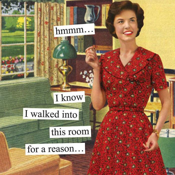 Retro woman in red dress with humorous text about forgetting why she entered a room, embodying sarcastic humor.