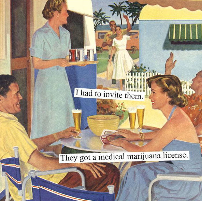 Sarcastic retro image of women socializing, one serving drinks, with humorous text about medical m*******a.