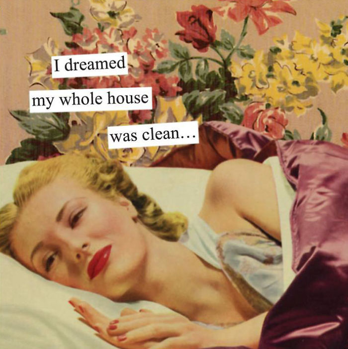 Retro image of a woman dreaming humorously about a clean house, surrounded by colorful flowers.