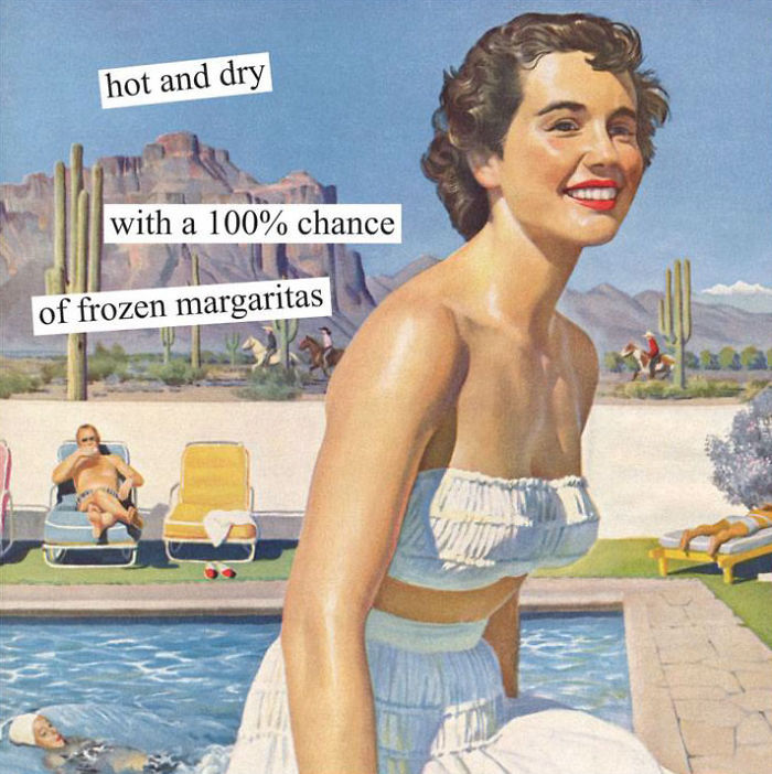 Retro illustration of a smiling woman by a pool, with a text overlay about hot weather and frozen margaritas.
