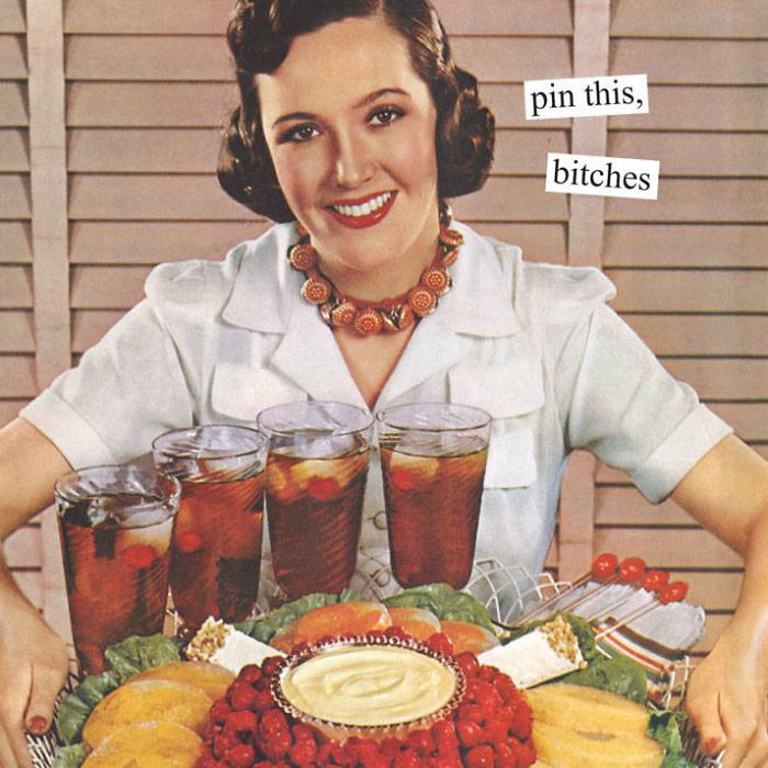 Retro woman smiling with drinks and a platter, exuding sarcastic charm.