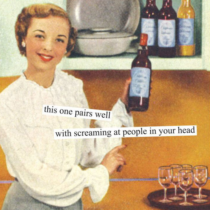 Retro woman holding wine bottle with sarcastic text about pairing with internal screaming.