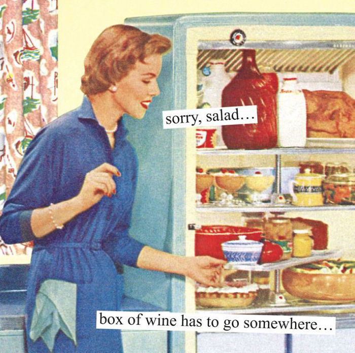 Sarcastic retro image of a woman prioritizing wine in a vintage fridge over salad, humorously depicted.