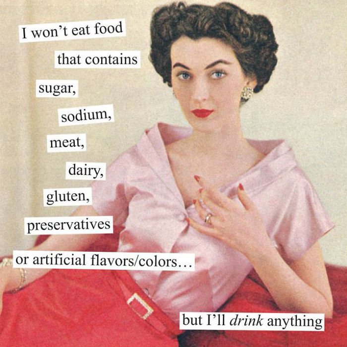 Sarcastic retro woman in pink outfit with humorous diet preferences; caption highlights selective eating and drinking habits.