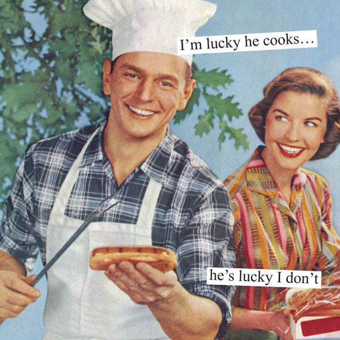 Man in chef hat holding hotdog with woman laughing, capturing hilariously sarcastic retro humor.