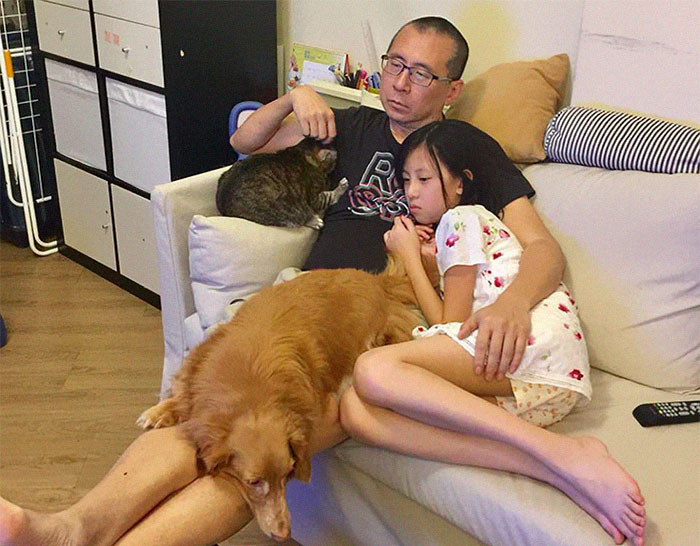 Father, Daughter And Pets Take The Same Photo For 10 Years, And It’s Bizarr...