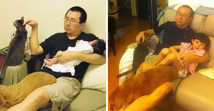 Padre, hija y mascotas se hacen la misma foto durante 10 años, y es extraño lo poco que cambian las cosas en realidad