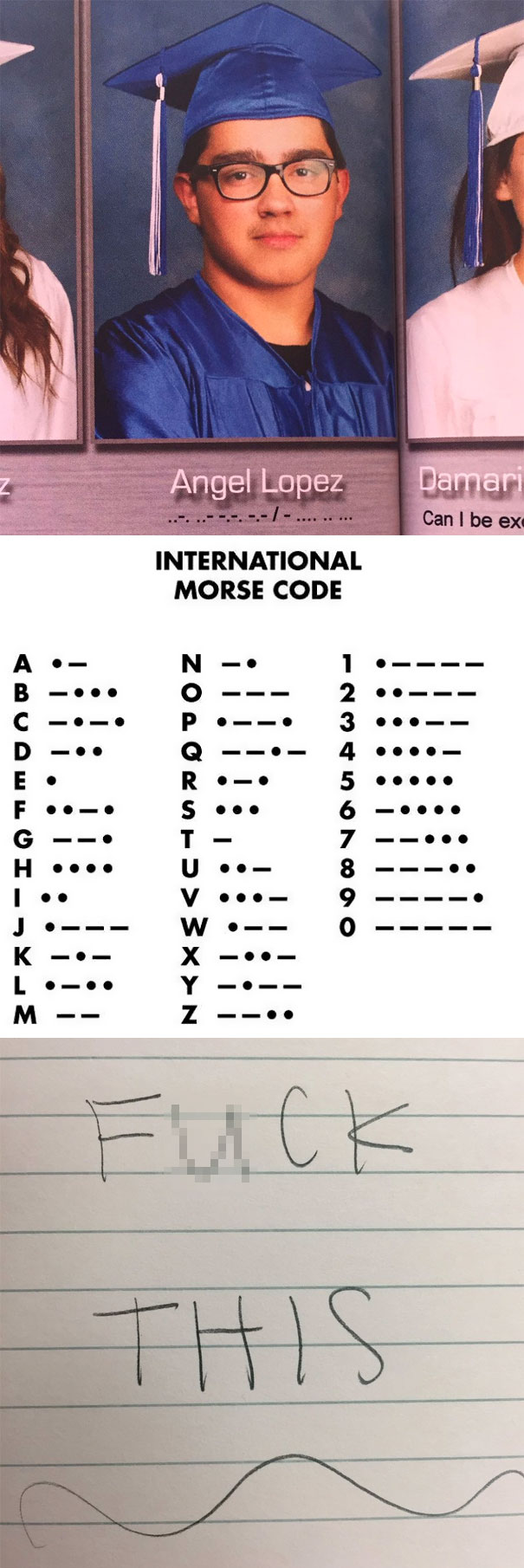 Er hat Morsecode für seinen Jahrbuchspruch benutzt... Wir haben für Euch übersetzt