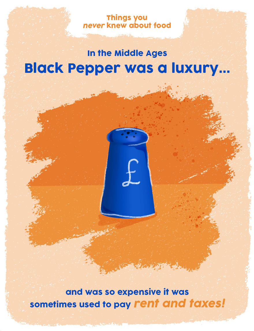 Illustration of a blue pepper shaker with a pound symbol, highlighting weird food facts about black pepper's historic value.