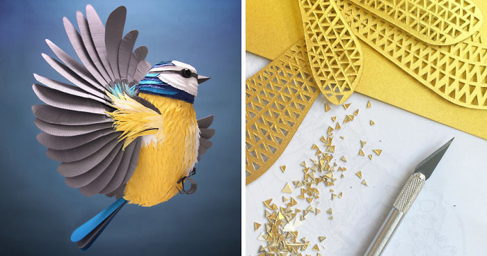 I Hand-Cut Paper Into Hundreds Of Tiny Pieces To Create Sculptures Of Birds, Bees, And Other Creatures
