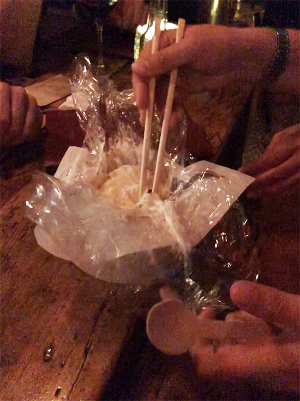 Brownie And Ice Cream Presented In A Cellophane Ball In A Bamboo Dim Sum Bowl. What The Eff Is This?