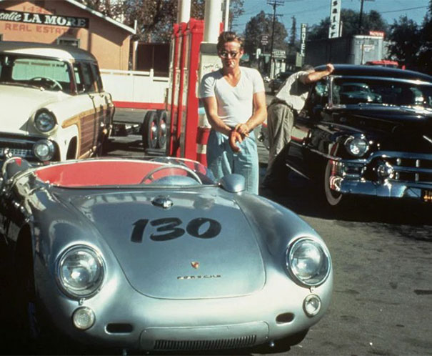 James Dean getting gas for his Porsche 550 Spyder