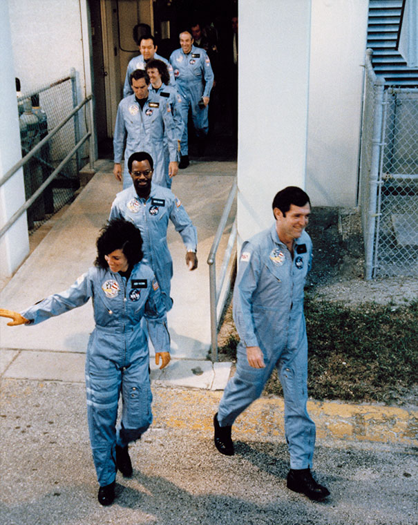 Crew of space shuttle challenger walking their way to board