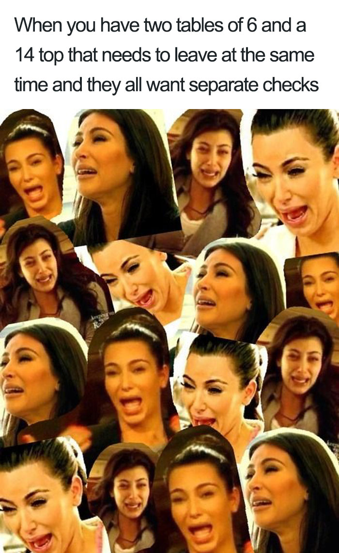 Collage of a distressed woman face memes, highlighting hilarious restaurant moments with difficult table requests.