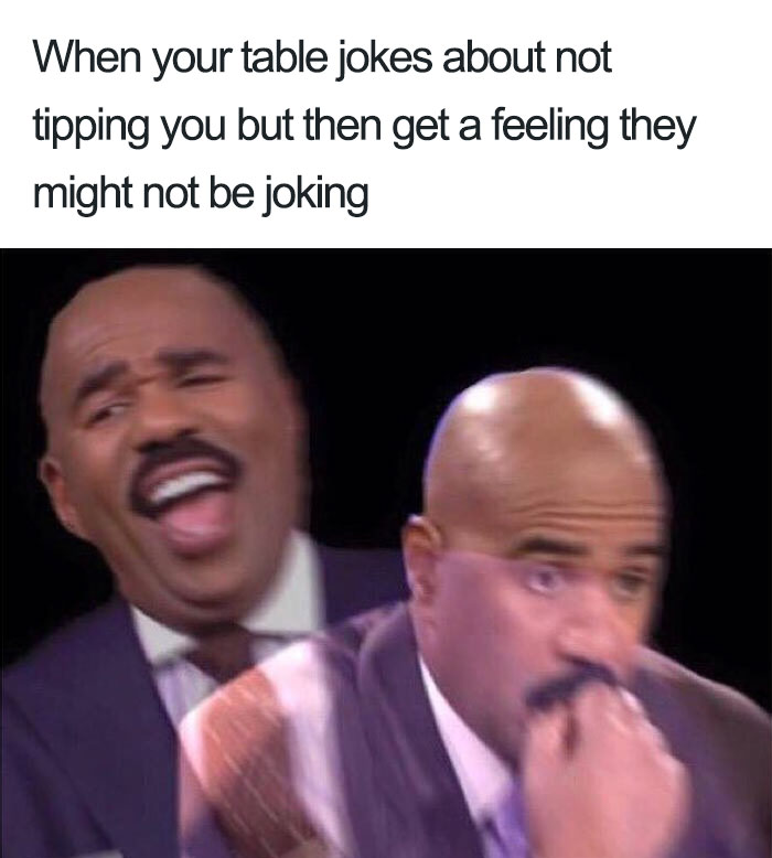 Split image of a man laughing and then looking worried; humorous reaction to restaurant meme about tips.